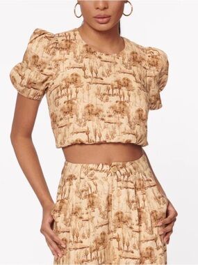 Cami NYC Flor Crop Top Desert Print Cropped Puff Sleeve Top in Beige and Brown